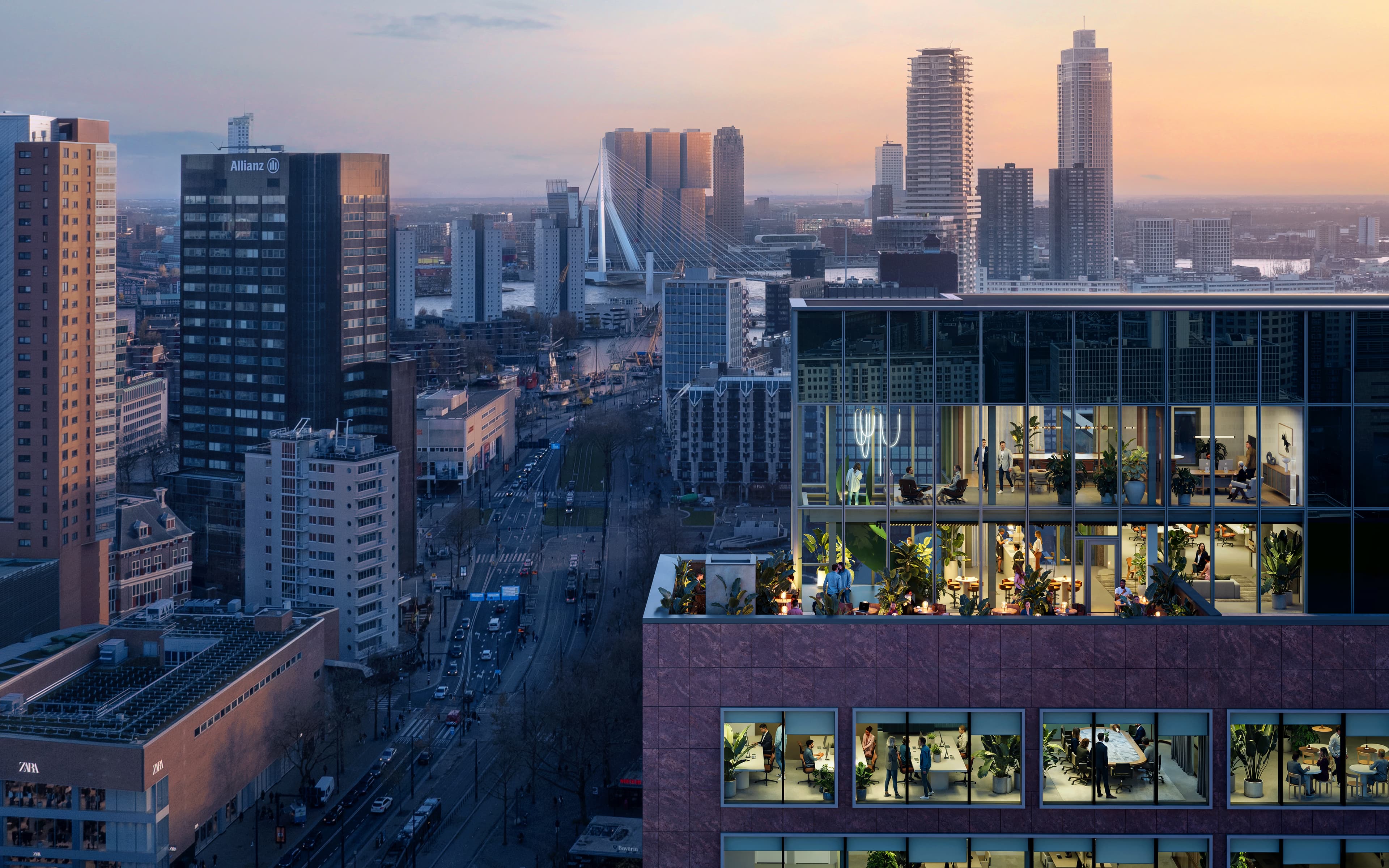 Cityscape at dusk showing a detailed view of a modern office building with large glass windows revealing people working and socializing inside. In the background, the skyline of Rotterdam is visible, including the Erasmus Bridge and high-rise buildings reflecting the soft orange and blue hues of the sunset.
